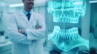 Dental x-ray hologram showing jaw structure and teeth alignment with male dentist in white coat standing in modern medical office background.