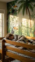 Young child sleeping peacefully in wooden bed with tropical jungle wall mural featuring toucans and palm trees in sunlit bedroom for kids decor.