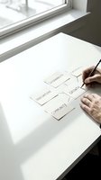 Business professional creating strategic plan with handwritten cards on white desk near window for corporate development and growth planning.