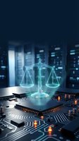 Digital justice scales hologram emerging from computer circuit board in modern data center representing legal technology and AI law systems.