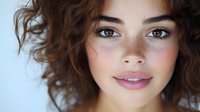 Close up portrait of young mixed race woman with natural freckles, curly brown hair, and gentle smile against light background. Suitable for beauty and skincare advertising.
