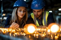 Young Caucasian female and male engineers in protective helmets examining illuminated light bulbs on production line. Industrial quality control in manufacturing facility.