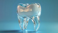 Crystal clear molar tooth with detailed root structure and translucent enamel surface against blue background, showcasing dental anatomy and healthcare concept.
