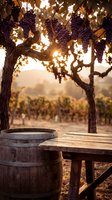 Rustic wooden table and barrel beneath grapevines heavy with purple grapes in golden sunset light at vineyard during harvest season.