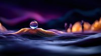 Surreal liquid waves with floating sphere against cosmic aurora background in vibrant purple blue orange colors for modern digital art projects.