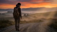 Hiker with backpack standing on rural road at sunrise, gazing at misty mountain valley landscape below during golden hour adventure travel.