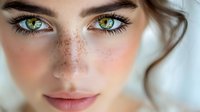 Close up portrait of young woman with bright green eyes, natural freckles, rosy cheeks and soft makeup against light background. Beauty and skincare concept.