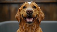 Happy wet Golden Retriever dog with dripping fur and open mouth smile showing teeth during bath time, close-up portrait against dark background.