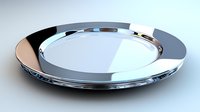 Round polished chrome metal plate with reflective mirror surface and beveled rim edge on light background, isolated object for luxury tableware design.