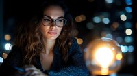 Young Caucasian woman with glasses and wavy hair looking at glowing light bulb against dark background with bokeh lights, conveying innovation and creativity.