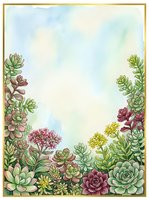 Watercolor succulent frame border with gold edge on soft blue background for wedding invitations, greeting cards and botanical design projects.
