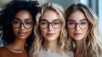 Diverse group of young women wearing stylish eyeglasses smiling at camera. Natural makeup, modern optical frames showcase contemporary beauty and fashion trends.