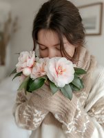 Young woman in cozy knit sweater holding delicate pink camellias, eyes closed in peaceful moment. Soft natural lighting creates dreamy romantic atmosphere.