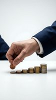 Businessman in navy suit placing coin on ascending stack of coins, symbolizing financial growth, investment returns, and wealth accumulation for business concepts.