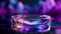 Futuristic glass podium with neon lighting effects and colorful bokeh background for product display and presentation design.