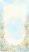Whimsical nursery border frame with hot air balloons, clouds, stars, moon, woodland animals including fox, rabbit, elephant, trees, flowers, and bunting on watercolor background. Isolated design element ready for children's invitations, posters, and greeting cards.