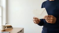 Man in dark navy shirt holding open blank envelope, standing indoors near wooden desk with blurred background, suitable for business communication and mail concepts.