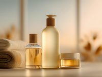 Luxurious spa cosmetics set with golden oil, cream jar and lotion pump bottle on beige background with soft towels and dried flowers.