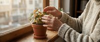 Elderly woman in cozy sweater tenderly caring for small potted plant on sunny windowsill, nurturing indoor gardening hobby at home.
