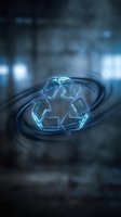 Glowing blue recycling symbol floating in swirling water vortex with industrial background for environmental sustainability and green technology concepts.