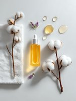 Natural skincare composition with cotton flowers, essential oil bottle, lavender sprigs and oil drops on light background. Spa and wellness concept.