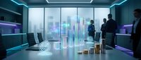 Diverse business professionals analyzing holographic financial data and cityscape projections in modern conference room with neon lighting.