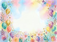 Watercolor celebration frame with colorful balloons, bunting flags, confetti, gift boxes, and floral elements on pastel background. Isolated design perfect for greeting cards, invitations, posters, and party decorations.