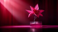 Pink origami lotus flower on illuminated glass cube against dark background with dramatic lighting and rays creating mystical atmosphere.