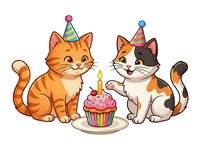 Two cartoon cats wearing colorful party hats celebrate with a birthday cupcake featuring a lit candle. Isolated clipart suitable for greeting cards, invitations, and children's designs.