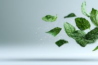 Fresh green mint leaves floating with water drops against light background, dynamic motion capture for beverage and culinary advertising.