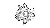 Cyberpunk cat head with circuit board patterns and geometric elements in black line art style on white background for modern tech designs.