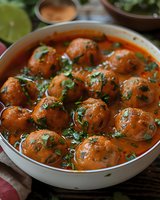 Juicy meatballs in spicy tomato curry sauce garnished with fresh herbs, served in white ceramic bowl. Close up view of traditional Indian cuisine.