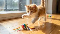 Playful ginger and white kitten pouncing on colorful toy on wooden floor near sunny window, perfect for pet care and animal content.