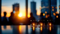 Three glowing candles on table with blurred city skyline at sunset creating warm atmospheric lighting for relaxation and urban lifestyle concepts.