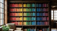 Rainbow colored books arranged by hue on wooden library shelves in cozy reading room with armchair and natural window light for home decor and education.
