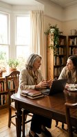 Senior Caucasian woman mentoring young Hispanic female colleague at wooden desk with laptop in cozy home library office setting for professional development.