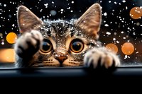 Curious cat peeking over dark edge with snow-covered head and big bright eyes, paws reaching up against winter bokeh lights in background.