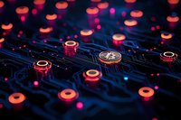 Glowing red cryptocurrency circuit board with bitcoin symbol amid illuminated nodes and digital pathways in dark blue tech background.
