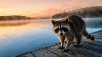Curious raccoon standing on wooden dock at serene lake during golden sunrise with misty forest background and calm water reflections.