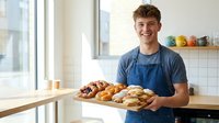 Young Caucasian male baker wearing denim apron holding wooden board with fresh baked croissants and pastries in bright modern kitchen with window light for bakery, cafe, or artisan food business.