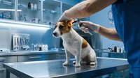Veterinarian examining small brown and white dog on metal table in modern clinic with medical supplies in background.