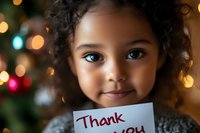 Young African American girl with curly hair holding gratitude message against blurred Christmas lights and decorative holiday background.