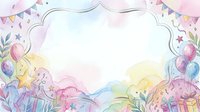 Watercolor party frame with balloons, bunting flags and gift boxes in pastel colors on white background for birthday invitations and celebration designs.