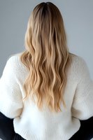 Back view of young woman with long wavy blonde balayage hair wearing white knitted sweater against gray background, showcasing modern hairstyling and natural hair texture.