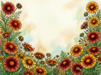 Watercolor floral border with vibrant red and yellow gaillardia blanket flowers, green foliage, soft beige background with copy space.