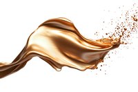 Liquid bronze metallic splash with droplets flowing in dynamic wave motion against white background, isolated design element for creative projects.