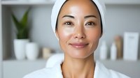 Asian woman wearing white headband and robe smiling at camera during spa treatment or skincare routine, with soft focus bathroom interior and plants in background.