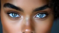 Close up portrait of young African American woman with striking blue eyes, flawless glowing skin, and perfectly groomed eyebrows against dark background.
