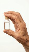 Senior male hand holding small glass bottle with cork stopper containing clear liquid against white background, suitable for healthcare, wellness, and pharmaceutical product marketing.