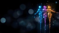 Glowing digital human silhouettes in blue, purple, and gold colors against dark background, representing teamwork and technology connection.